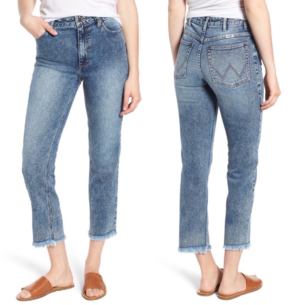 WRANGLER Acid Wash Raw Hem High Waist Crop Jeans